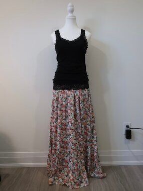Blue Time Floral Print Pleated Maxi Skirt Medium Flowy Boho